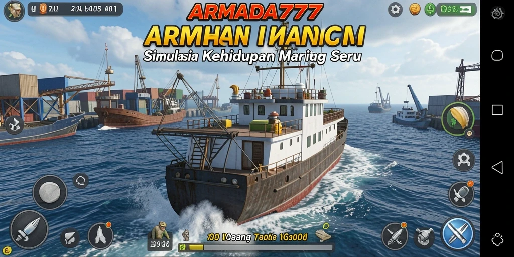 Tampilan gameplay <strong>ARMADA777</strong> yang menampilkan aksi kapal di lautan.