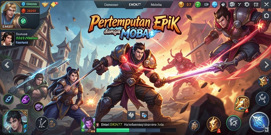 Gameplay seru EMON77 dengan pertempuran MOBA yang intens.