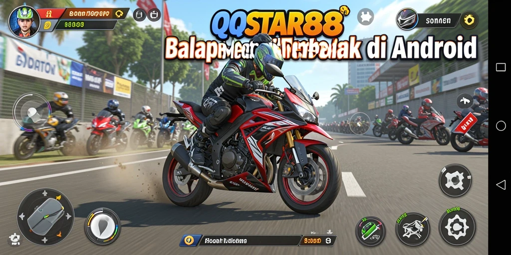 Screenshot gameplay QQSTAR88 yang menampilkan aksi balap motor yang mendebarkan.