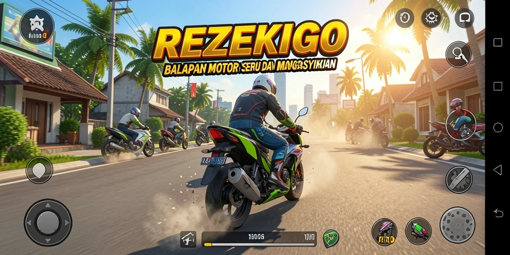 Gameplay REZEKIGO yang mendebarkan dengan kecepatan tinggi di lintasan balap.