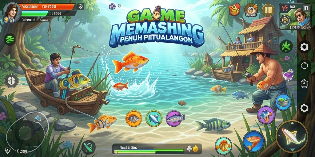 Tampilan gameplay Y89 menampilkan berbagai ikan dan lokasi memancing yang indah.